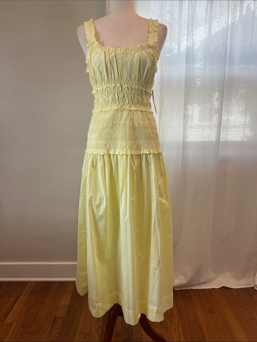O.p.t. Freya Cotton Dress. Smocked Yellow Maxi with Ruffled Straps. Size M. NWT